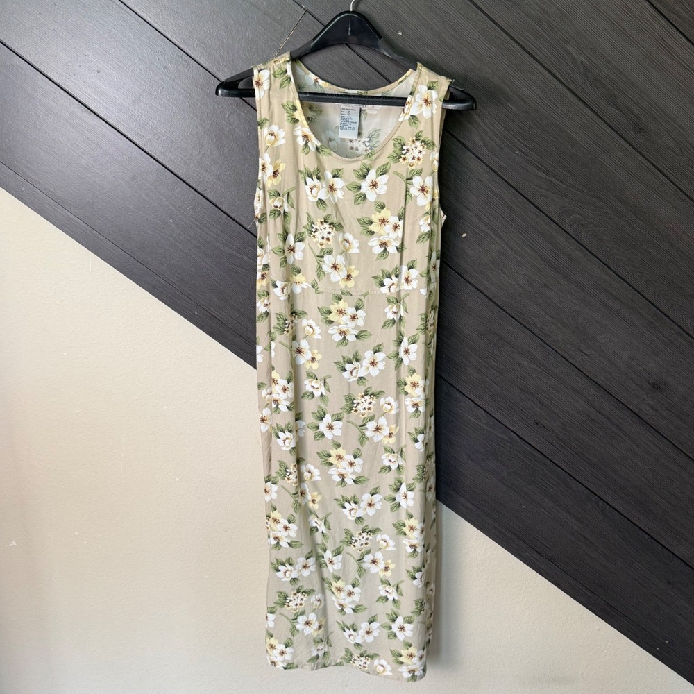 Basic Editions Women's Floral Sleeveless Midi Dress Rayon 12 Beige Cottagecore